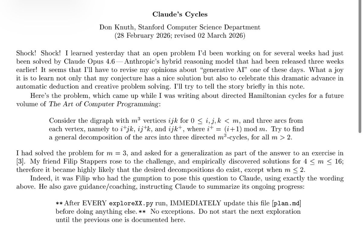 El Profesor Donald Knuth (el tipo que escribió la biblia de las ciencias de la computación) abrió su nuevo paper con "¡Impactante! ¡Impactante!"

Claude Opus 4.6 acababa de resolver un problema abierto en el que llevaba semanas trabajando — una conjetura de descomposición de