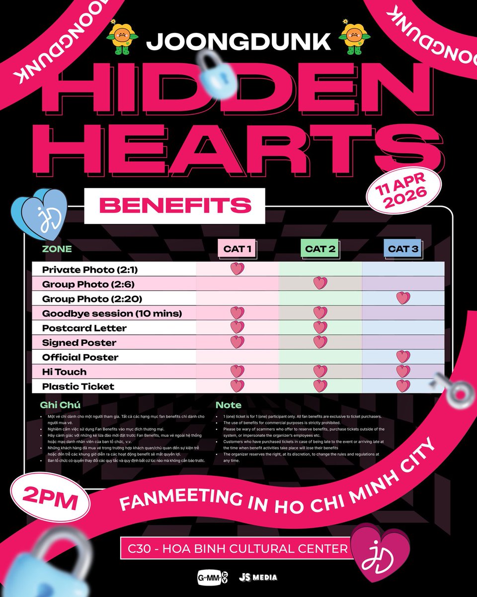 ticketbox_vn's tweet photo. Cuộc hẹn bí mật với Hidden Hearts đang chờ được hé lộ
HIDDEN HEARTS - JOONGDUNK FANMEETING IN HO CHI MINH 
Thời gian: 14h00 ngày 11/04/2026
Địa điểm: Sân khấu C30 Hoà Bình
Thời gian mở bán: 12h00 ngày 08/03/2026 trên Ticketbox
#JoongDunkFMinHCMC #JSMedia #Ticketbox https://t.co/rLFaxC6ufn