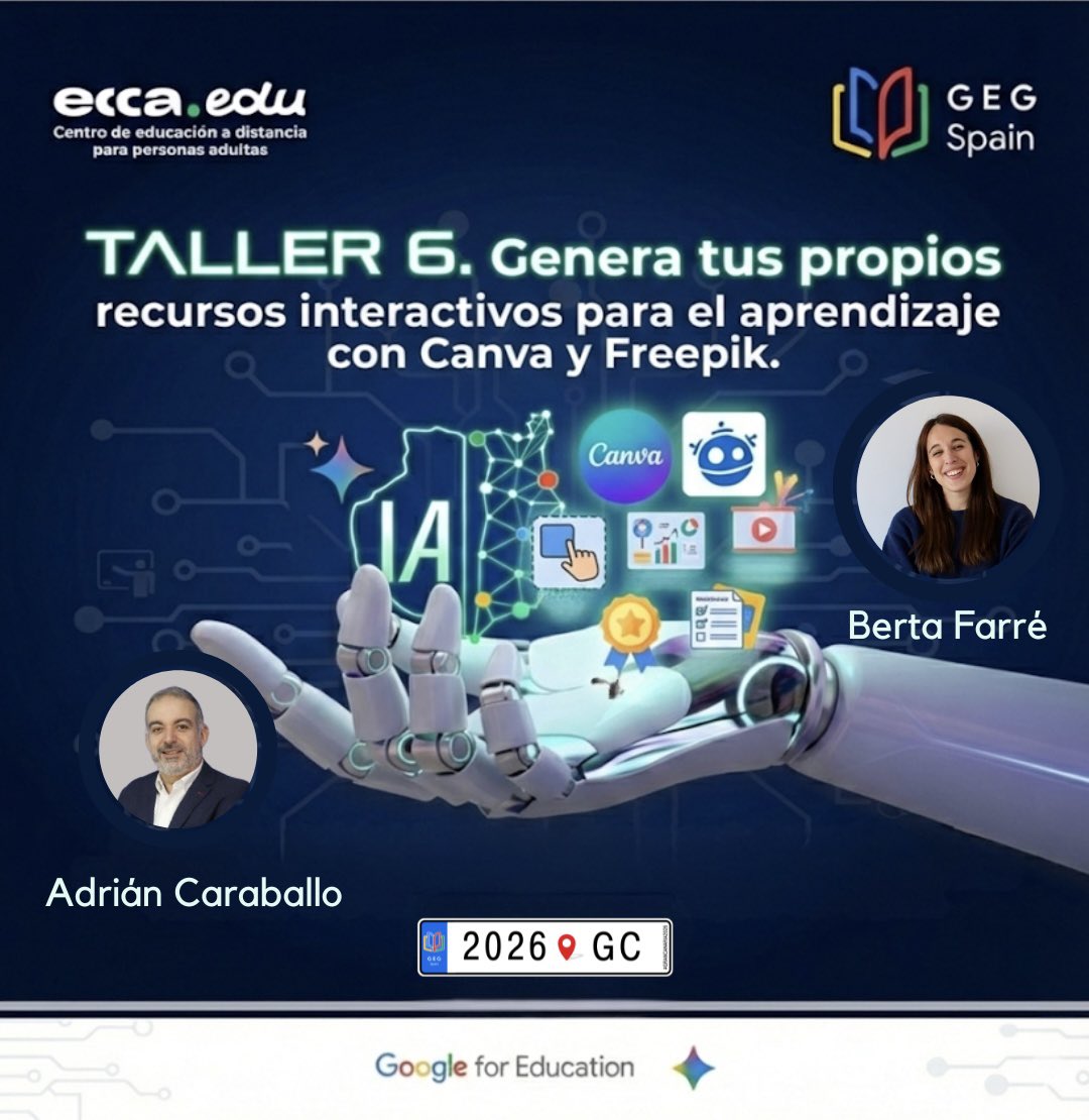 GEGSpain's tweet photo. 🚀 ¡Impulsa tu lado creativo! Únete al Taller 6 con @berta_farre y Adrián Caraballo en #HackeandolaEducacionGC (20-21 Mar). Crea recursos interactivos con #IA usando @canva y @freepik🎨💻

🔗 Info e inscripciones: https://t.co/5j7QRBPC4a
#Educación #claustrovirtual #edtech https://t.co/SlRvnGWetb
