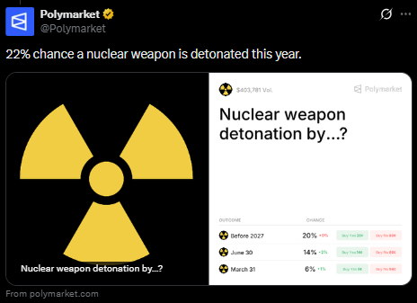🛑 POLYMARKET CANCELLED NUCLEAR DETONATION BETTING MARKET

Polymarket has shut down its “nuclear detonation by...?” prediction market due to public outrage over the idea of betting on such a serious event.