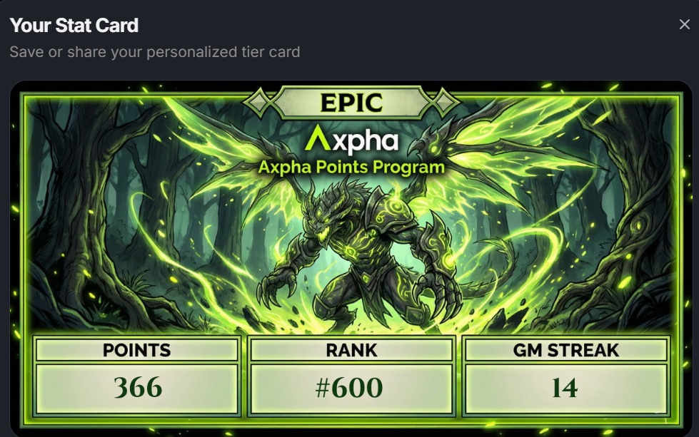 mathewogwuche5's tweet image. My Say a GM streak 14 today
From Rare to Epic not breaking the chain 

Point program still going on at 
points.axpha.io
Start now climb the #AXPHA LB
and be the legend 
Trade on 
Perp
Swap
Add pool liquidity V1/V2
Create meme
All done ✅ on one UI  @axpha_io infra on arc.