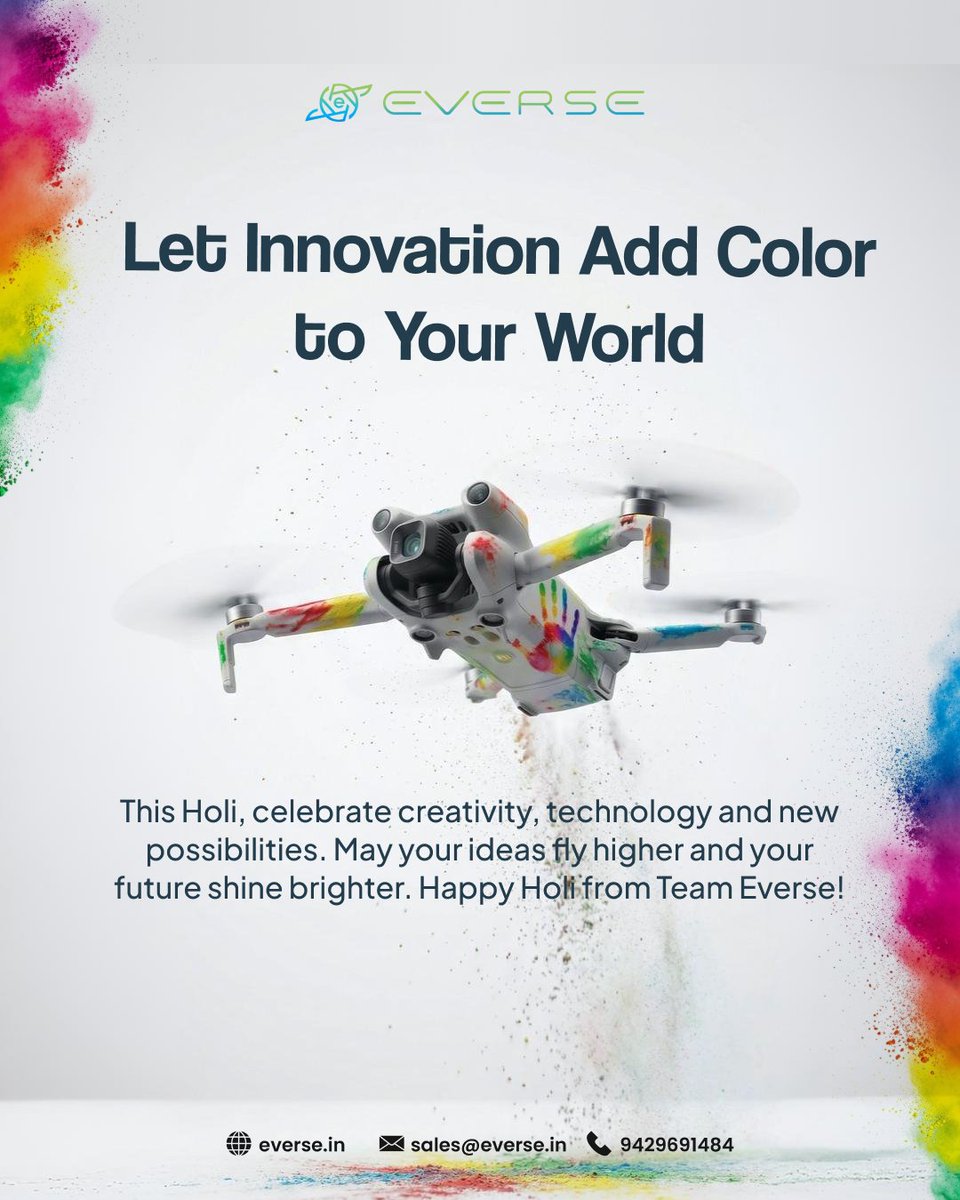eVerse_in's tweet photo. Let innovation add color to your world this Holi. 
Celebrate creativity, technology, and new possibilities. May your ideas fly higher and your future shine brighter.
Happy Holi from Team eVerse!
 https://t.co/nsI1aIF56g https://t.co/buEYkCSZcP
