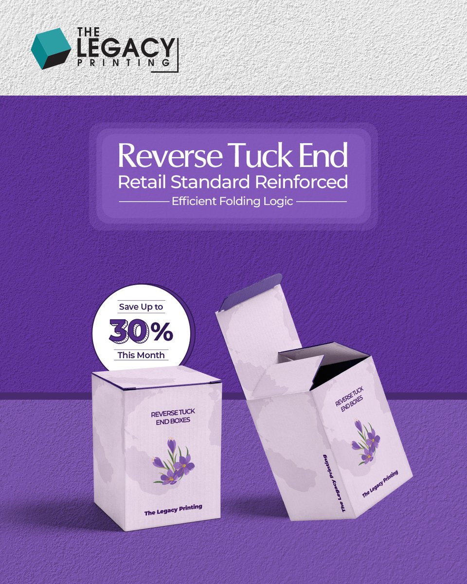 legacy_printing's tweet image. Retail programs depend on predictable assembly and scalability. 
Reverse tuck formats balance cost efficiency with structural consistency. 
Up to 30% off available on qualifying orders. 

#TheLegacyPrinting #PackagingSolutions #RetailPackaging #CustomPackaging