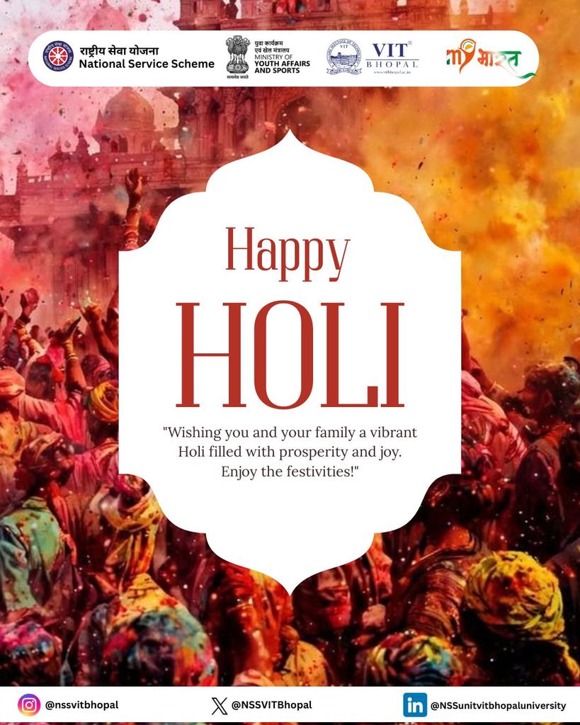 NSSVITBhopal's tweet image. This Holi, let’s spread not just colors but also kindness, unity, and positivity.
Wishing everyone a vibrant and joyful Holi from NSS Unit, VIT Bhopal University! 🌸🎨
. 
. 
. 
#Holi2026 #nssunit #Youth #Twitter