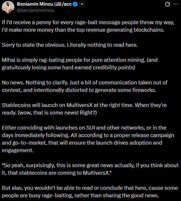 Finally the asskissing shill <a href="/mihaieremia/">Mihai | XOXNO.com 🔥🛠️</a>  dares to speak out against the boss? And he's labeled as a rage-baiter after sucking up to the foundation for years 🤣 

Absolute Cinema! 🍿
$egld #MultiversX $xmn #xMoney 

x.com/beniaminmincu/…