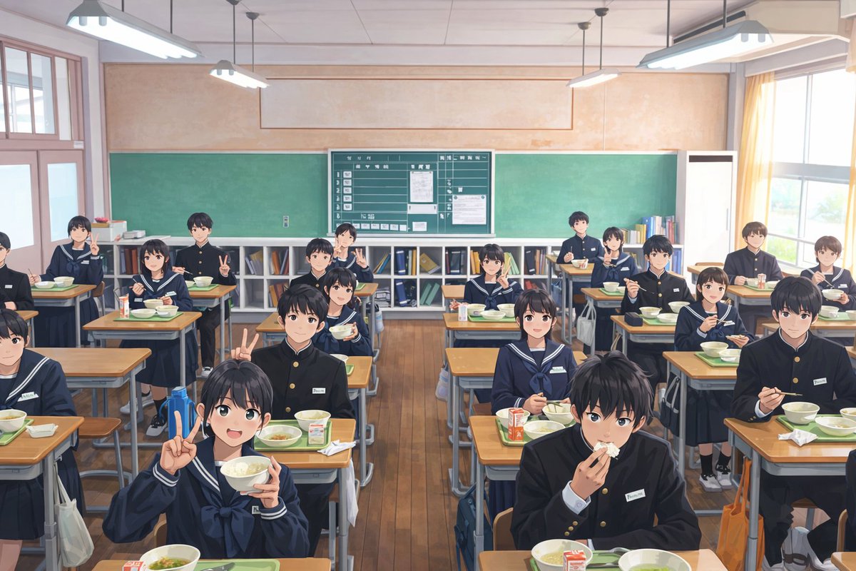 sabajhschool's tweet photo. ３年生の中学校生活最後の給食は、ご飯、牛乳、ＡＢＣスープ、チキンチキンごぼう、お祝いケーキの「卒業おめでとう献立」。３年生のみなさんが美味しそう食べている姿を撮影し、生成ＡＩでイラストにしてみました。どのクラスもいい雰囲気です！ https://t.co/hBAFhQdGmz