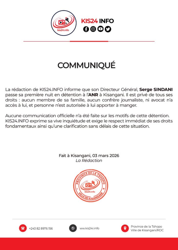 Kis24Info's tweet image. Cette nuit, @sergesindani01  l’a passée derrière des murs froids, loin des siens, sans contact, sans assistance, sans même un repas apporté par un proche.
Une première nuit sombre à l’ #ANR, vécue dans le silence et l’angoisse.

Partagez. Réagissez. Ne restons pas silencieux.👇