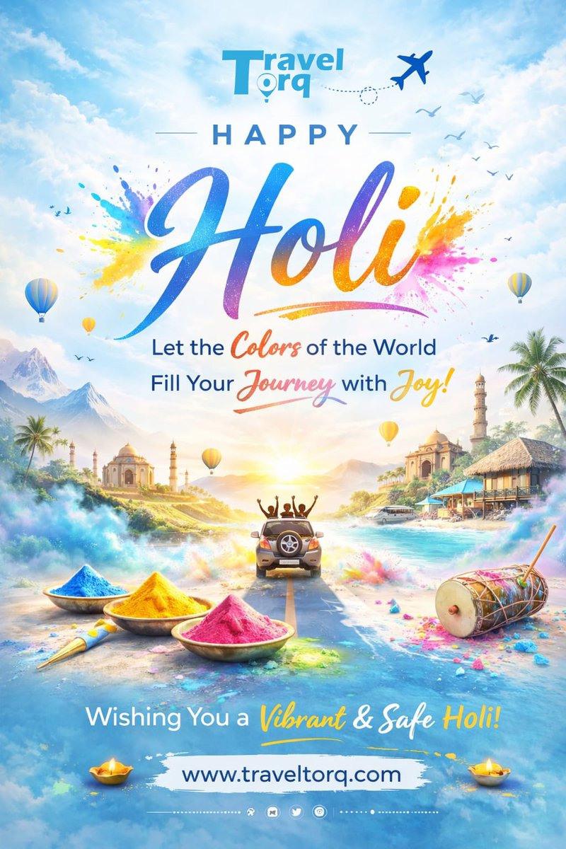 TravelTorq's tweet image. Happy Holi! 

May your journey be as colorful and joyful as the #festivalofcolours 🌈✈️

#happyholi2026😍🌈🎭💥💥🔫🎨🖌️🖍️ #traveltorq #traveldiarie #travelagency