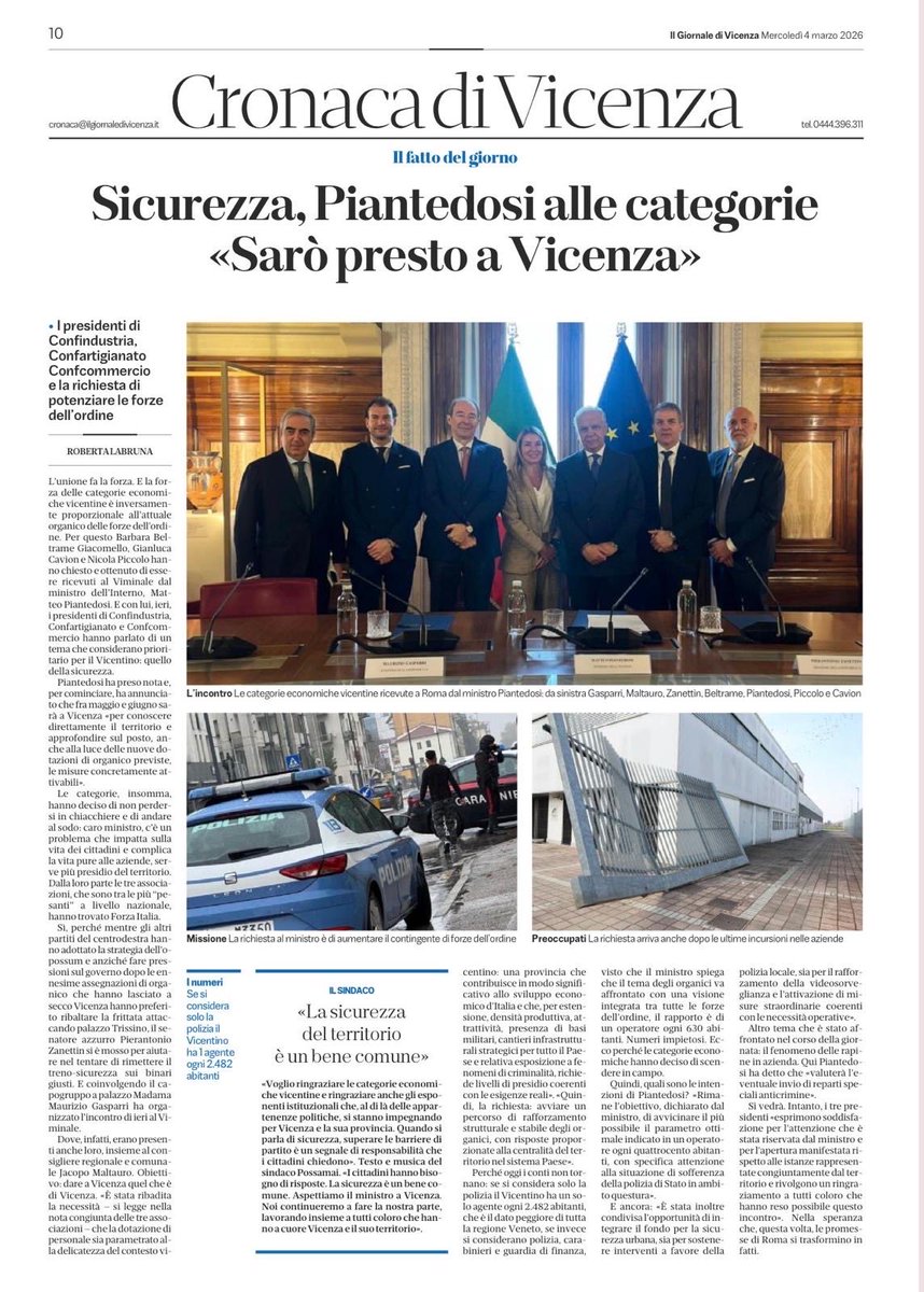 PierantonioZ's tweet photo. Ringrazio il ministro dell’interno Matteo Piantedosi per l’attenzione dedicata alla sicurezza della nostra provincia.
L’annunciata visita a Vicenza e’ un’ulteriore testimonianza dell’impegno profuso per combattere la criminalità e rassicurare i cittadini. https://t.co/DTbHF8LeW2