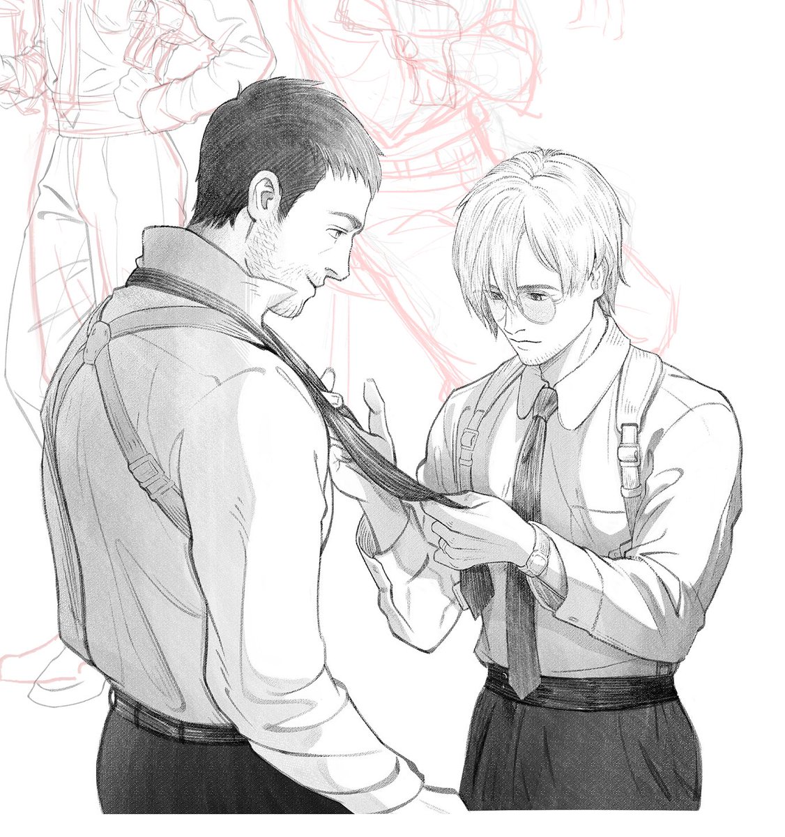 #Chreon Pretty sure I haven’t shared this here— I actually drew Leon wearing a💍last year.
*It’s an undercover plot where Chris &amp; Leon pretend to be husbands.👔