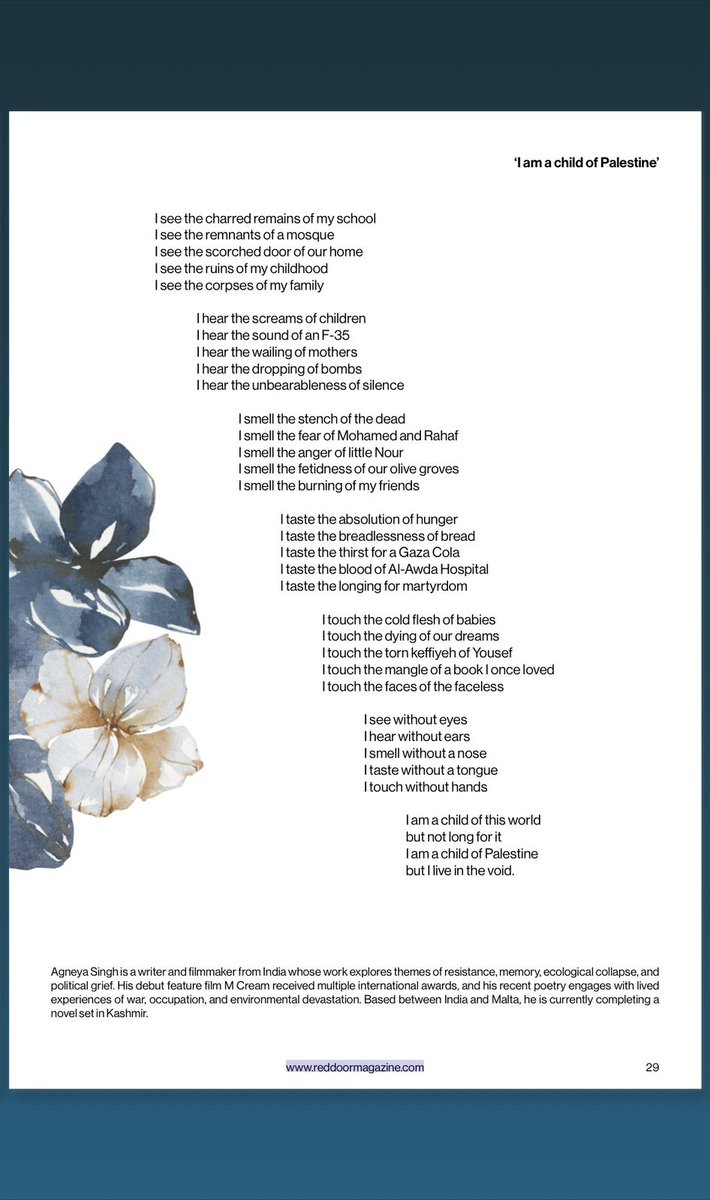 'I am a child of Palestine'
Here's a new poem of mine in <a href="/reddoormagazine/">Red Door Magazine</a> 
#poetry #palestine