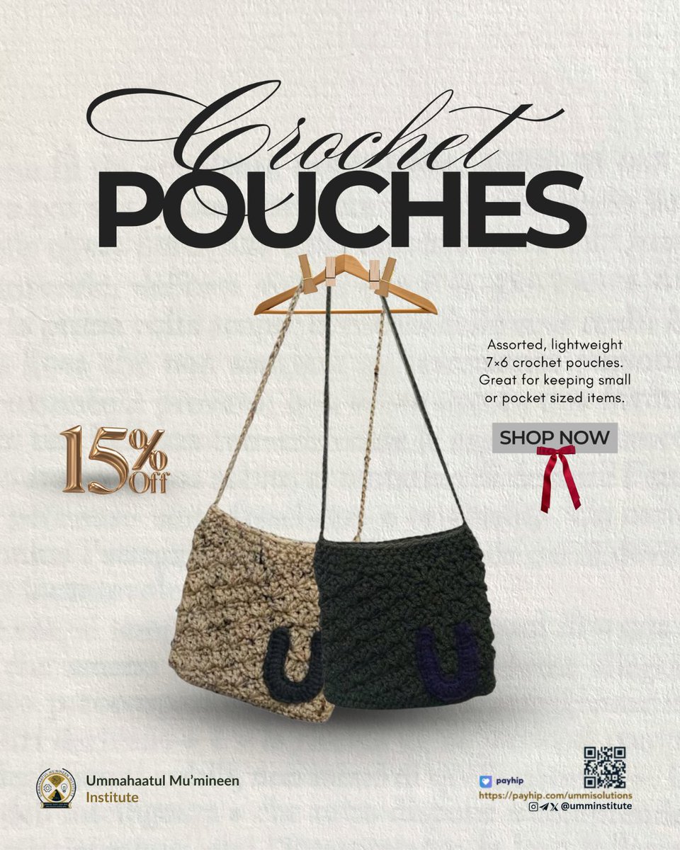 UMMInstitute's tweet image. 🧶✨ Crochet Pouches — Now 15% OFF ✨

Keep your essentials organized in style 🤍
Lightweight, minimal &amp;amp; handmade with care.
🔥 Limited quantities
🛍️ payhip.com/b/o3AyI

Grab yours before they’re gone ✨
#CrochetPouch #SmallBusinessSupport #RamadanSale #MuslimOwnedBusiness