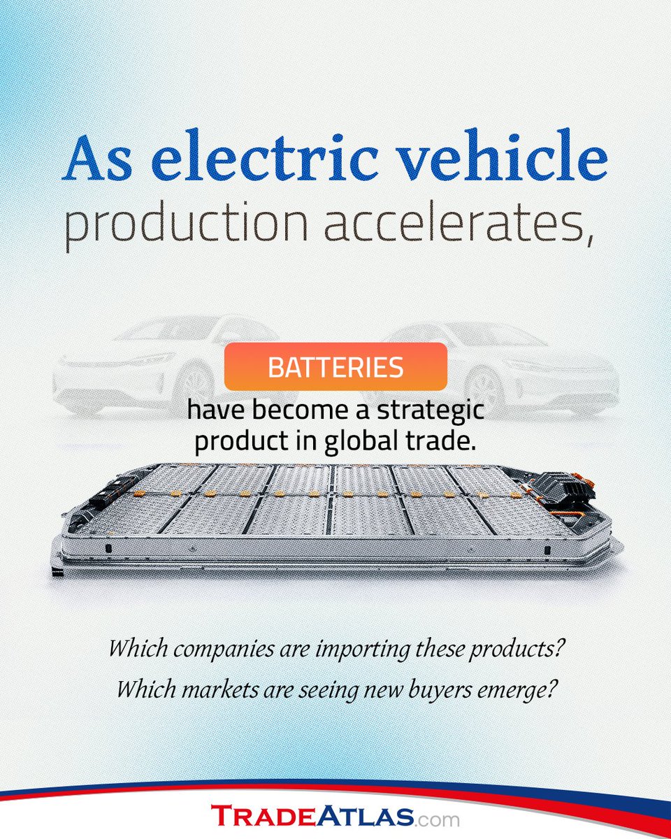 The electric transformation is accelerating.
Battery trade is at the center of global competition.
Discover the right buyers and emerging markets with TradeAtlas through real trade data.

#import #export #foreigntrade #electicvehicle #batteries
