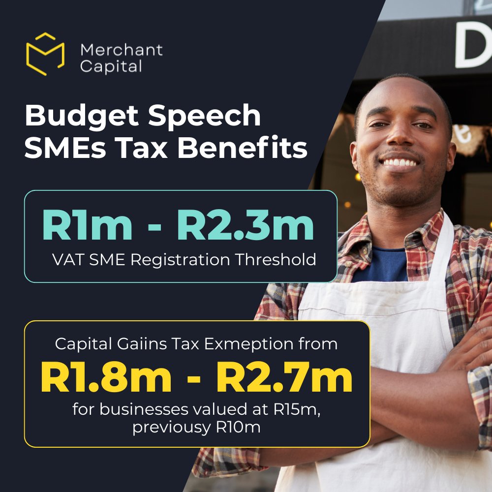 Budget 2026 introduces SME-friendly tax adjustments. Greater flexibility means new room to grow, reinvest and scale strategically. Apply for funding today and position your business for its next phase of growth: getstarted.merchantcapital.co.za/?channel=MC_In…