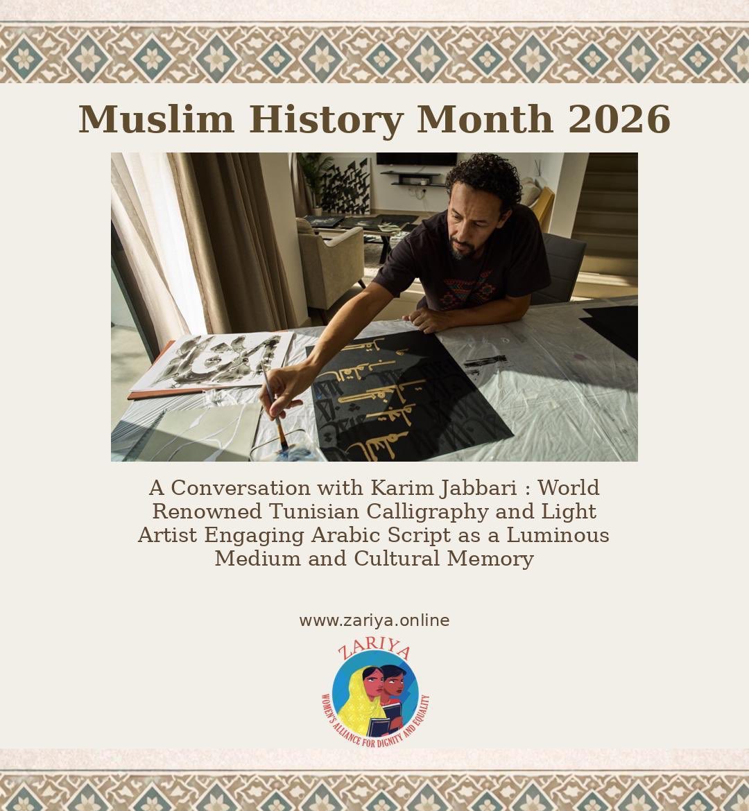 Zariya_2020's tweet photo. Today’s piece in Muslim History Month is our conversation with Karim Jabbari, distinguished Tunisian artist known for his innovative fusion of traditional Islamic calligraphy with contemporary art forms. His work is a testament to the enduring relevance and adaptability of calligraphy, which he regards as a living language capable of speaking to modern audiences. He was named among the Top 30 Public Artists by the International Award for Public Art (IAPA). 

To read more follow the link below:

https://t.co/sB0UwDIWrX

#muslimhistorymonth   #muslimhistorymonth2026
