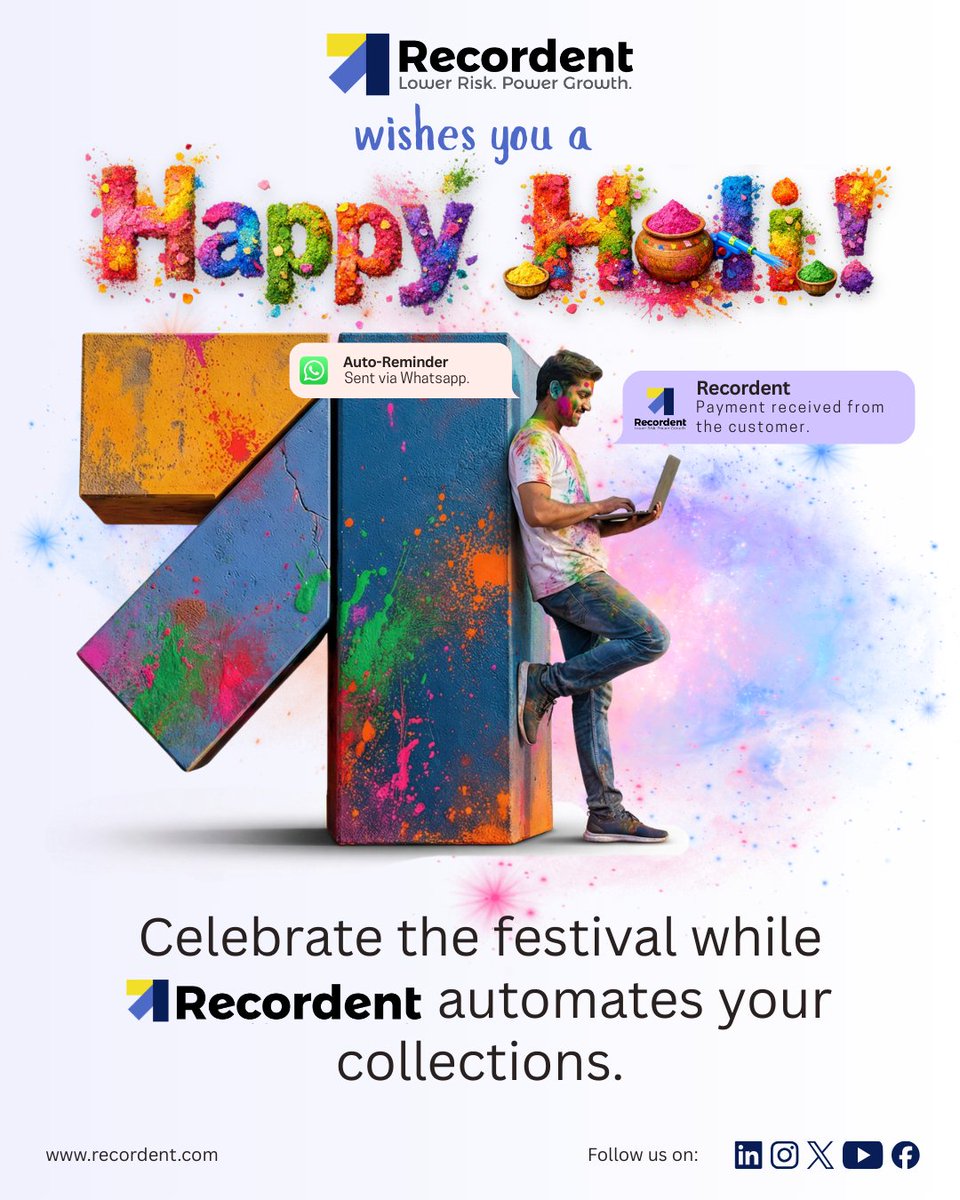 Paint your business success in every shade of prosperity! 🎨💰

Wishing everyone a #HappyHoli filled with vibrant growth and zero payment "stains." Let’s keep those ledgers clean and those celebrations loud! 🌈✨

#Holi2026 #Recordent #FinTech #CashFlow #BusinessGrowth