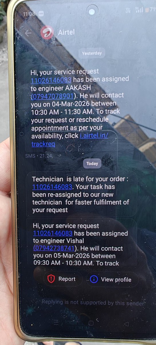 chaustsher's tweet photo. @Airtel_Presence This is what @Airtel_Presence @airtelindia definition of faster resolution is - original resolution promised on 4th March. The engineer is late and not picking up the phone. New 'faster resolution' is now scheduled for 5th March. Meanwhile, @airtelindia keeps charging us for full https://t.co/6Qj8hl80lm