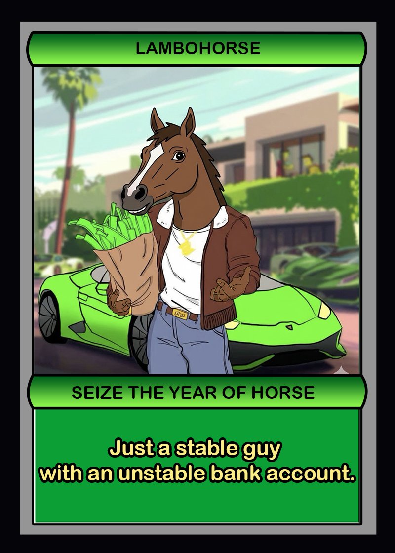 rarehorseagency's tweet photo. In the year of the HORSE, we certainly ride into plenty and abundance.

LAMBOHORSE S1 C16 is out.

https://t.co/haBPd7UaOg

More Rare Horses coming to the stable soon enough!

@rarehorseagency https://t.co/fl43jmUO43