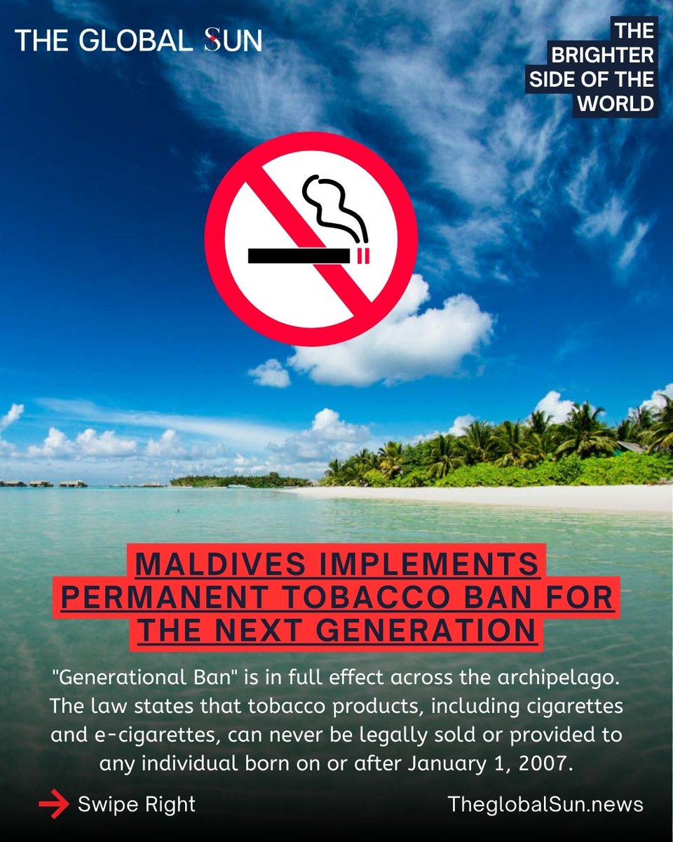 NewsGlobalSun's tweet photo. SMOKE-FREE GENERATION. 🚭🛡️
The Maldives officially implements its historic tobacco ban today! Anyone born after Jan 1, 2007, is now legally prohibited from buying tobacco or vapes. 🇲🇻✨ 
A massive 2026 win for public health and the lungs of the next generation. 🛡️🌍 https://t.co/BcnXQlQnQv