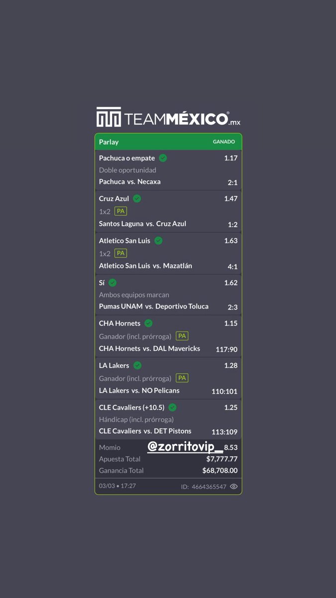 PicksPicks5's tweet photo. BOOOOOOOOOMMM!!! 💣🚀✅

Trono el parley , GANAMOS!! 🤑💰 felicidades a los que me siguieron lo compartí por todos los canales free y aquí en x,Instagram etc

A cajas señores , a dormir verdes , se los debía y aquí está 🫵🏻

Momio (8.53) 💸 ✅✅✅

Like y RT si ganaste conmigo ❤️ https://t.co/4z021mEpf8