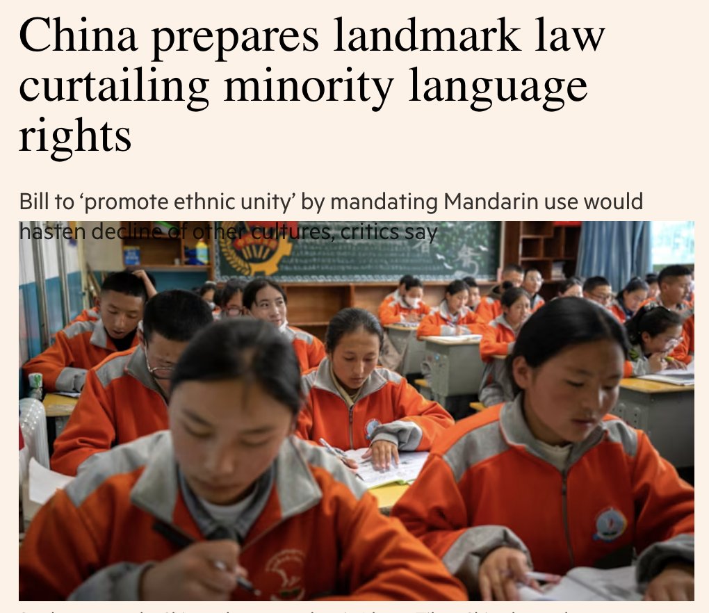 spotlightoncn's tweet photo. China is set to enact a landmark law requiring ethnic minorities to use Mandarin as their primary language of instruction, overturning decades of policy dating back to the Mao Zedong era.
The legislation, expected to pass at this week's annual parliamentary meeting, aims to "forge a sense of community" but threatens legal action against anyone who undermines "national unity" or "provokes separatism."
This sweeping move is the latest step in a "Sinicization" campaign under Xi Jinping, which critics argue forces the country’s 56 recognized minorities to assimilate into a society where the Han majority makes up 90 percent of the 1.4 billion population.
Under the new Law on Promoting Ethnic Unity and Progress, native tongues like Tibetan, Uyghur, and Mongolian will no longer be permitted for core subjects in schools and universities, though they may remain as second languages.
Analysts warn the law "overturns the multicultural promises upon which China was founded," shifting from a model of pluralism to one of "unity through sameness" and the elimination of cultural difference.
Beijing has expressed increasing alarm over international interference; the draft explicitly states that ethnic unity must not be interfered with by "external forces" under the guise of human rights or religion.
Activists fear the law will institutionalize the practice of pursuing individuals overseas for activities Beijing deems seditious, expanding the legal basis for restricting cultural and political expression.
The bill has received unusually high-level visibility, with state media reporting that Xi Jinping personally presided over a Politburo meeting last year to call for its swift passage.
While China once espoused a limited notion of pluralism, that space has narrowed significantly following unrest in Tibet and the mass internment of an estimated 1 million Uyghurs in Xinjiang.
Language restrictions are already appearing; last year, the Tibetan language was excluded as a core subject from the national college entrance exam, the gaokao, and protests broke out in Inner Mongolia in 2020 over similar mandates.
Proponents of the law, such as researchers at the China Academy of Social Sciences, argue it is necessary for border security and that minority languages simply cannot compete with the economic advantages of Mandarin.
Beyond education, the law dictates that only the state can promote "symbols of Chinese civilization" in public architecture, exhibitions, and place naming, further marginalizing distinct minority identities.
The physical effects of this drive are already visible; in Xi’an, centuries-old mosques have had their domes replaced with traditional Chinese roofs to eliminate "foreign influence," a move that residents say has caused widespread unhappiness.
https://t.co/mkokXitbvc