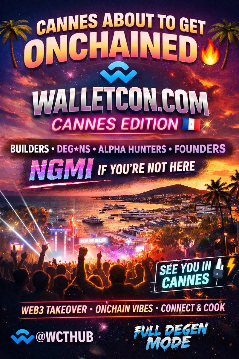 CANNES ABOUT TO GET ONCHAINED 🌴🔥

WalletConnect pulling up with the WalletCon.com Cannes Edition and it’s not just an event it’s a full Web3 takeover.

Builders. Degens. Founders. Alpha hunters.
If you’re not there, you’re probably NGMI.
This is where real onchain UX