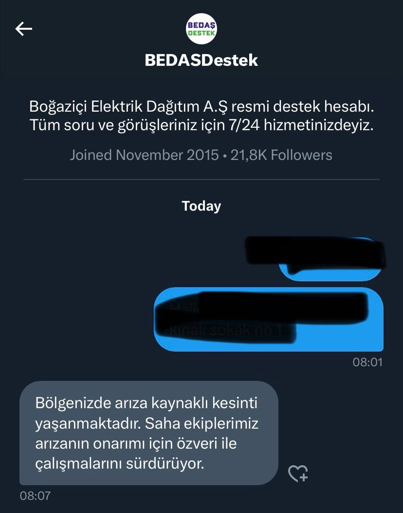 ilaydaaulutas's tweet photo. Hala bot tarzında mesajlar ile cevap veriliyor ve sorun hala devam etmekte. Oluşturulan arıza kayıtlarının içi boş, ortada arızayla ilgilenen bir ekip de yok @BEDASDestek @BEDAS_ https://t.co/fRkwVH9rwC