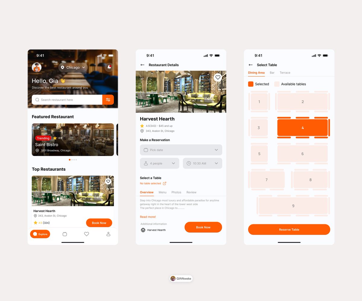GiftNweke9's tweet image. Green or Orange? 🍽️
 Finishing up the UI for a restaurant reservation app. Focused on making the table selection process as intuitive as possible. Which color palette is winning for you?
​#UXUI #ProductDesign #UIUX #DesignSystem