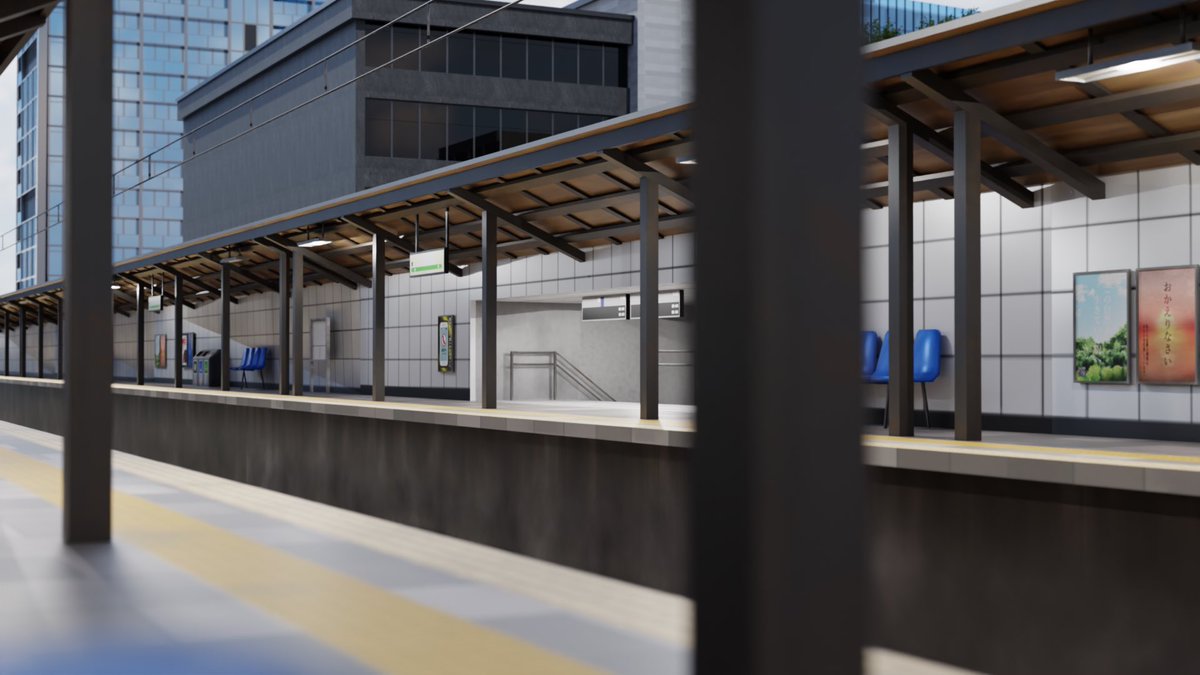 crl_4521's tweet image. ✍️ブレンダー記録172日目
角度変えたり、夜っぽくしたり…
これにて駅は終了です☑️
時間が取れず結構日数かかった🕰️
#blender  #駅 #3DCG