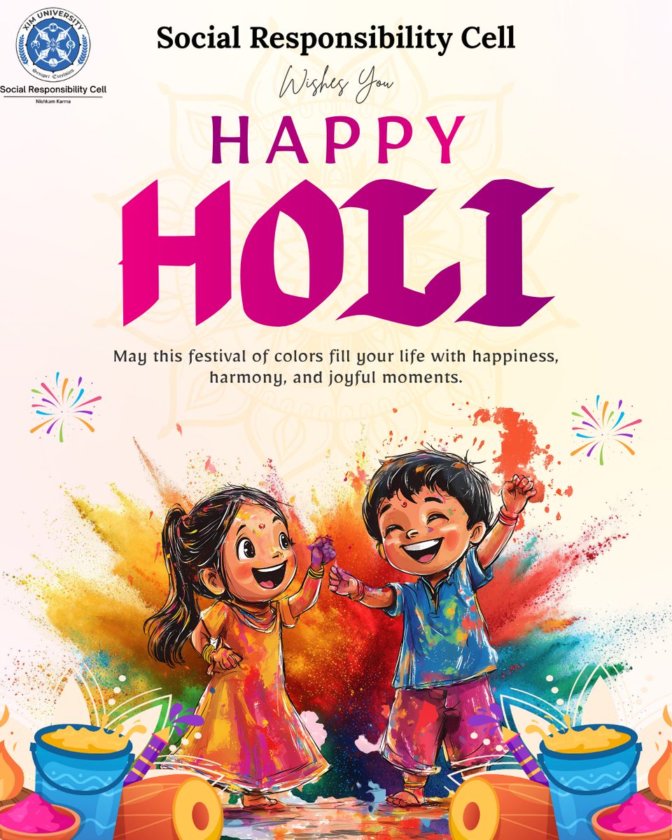 SRC_XIMU's tweet photo. Spreading colors of joy, kindness and togetherness this Holi.🌸✨
May this festival remind us that the brightest colors are those of compassion, unity and responsibility.💛🌿

Happy Holi from the Social Responsibility Cell!🙏

#XIMUNIVERSITY
#SRC(NewCampus) https://t.co/ji6ky09jYj