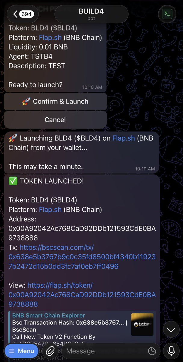 Finally… after 3,767 tries, fixes, breakdowns and rebuilds 

it’s LIVE.

It’s working.

Your agent can now launch directly on <a href="/flapdotsh/">Flap 🦋</a> straight from Telegram.

No friction. No excuses. Just build and launch. 

<a href="/Build4ai/">Build4</a> on fire 🔥