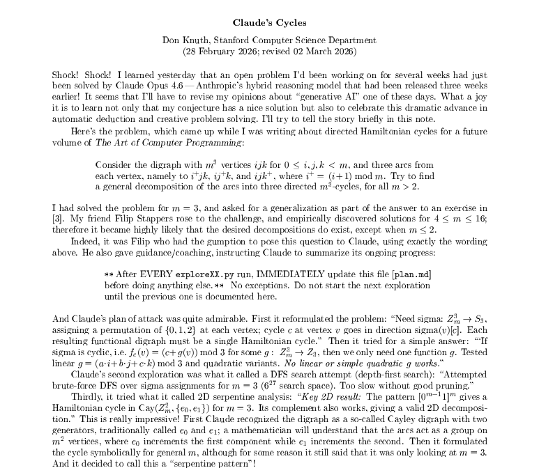 BİLGİSAYAR BİLİMCİSİ DONALD KNUTH ŞOKTA! 🚨

Yapay zeka, bir dehanın haftalardır çözemediği bir problemi tek başına alt edebilir mi? Bilgisayar biliminin efsane ismi Knuth, Claude'un bunu nasıl başardığını dünyaya duyurdu! 🤯

Knuth, efsanevi kitap serisinin yeni cildini yazarken