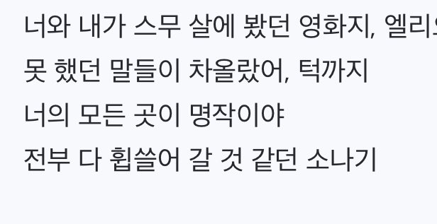 크아악
너의 모든 곳이 명작이야 이부분 콜미바이유어네임보고나니까 먼말인지 알겠다
마치 조각상들 처럼.. 명작이야 ..ㅜ 아니근데 그 영화 왜케애틋하고슬퍼요 미친 너무좋아