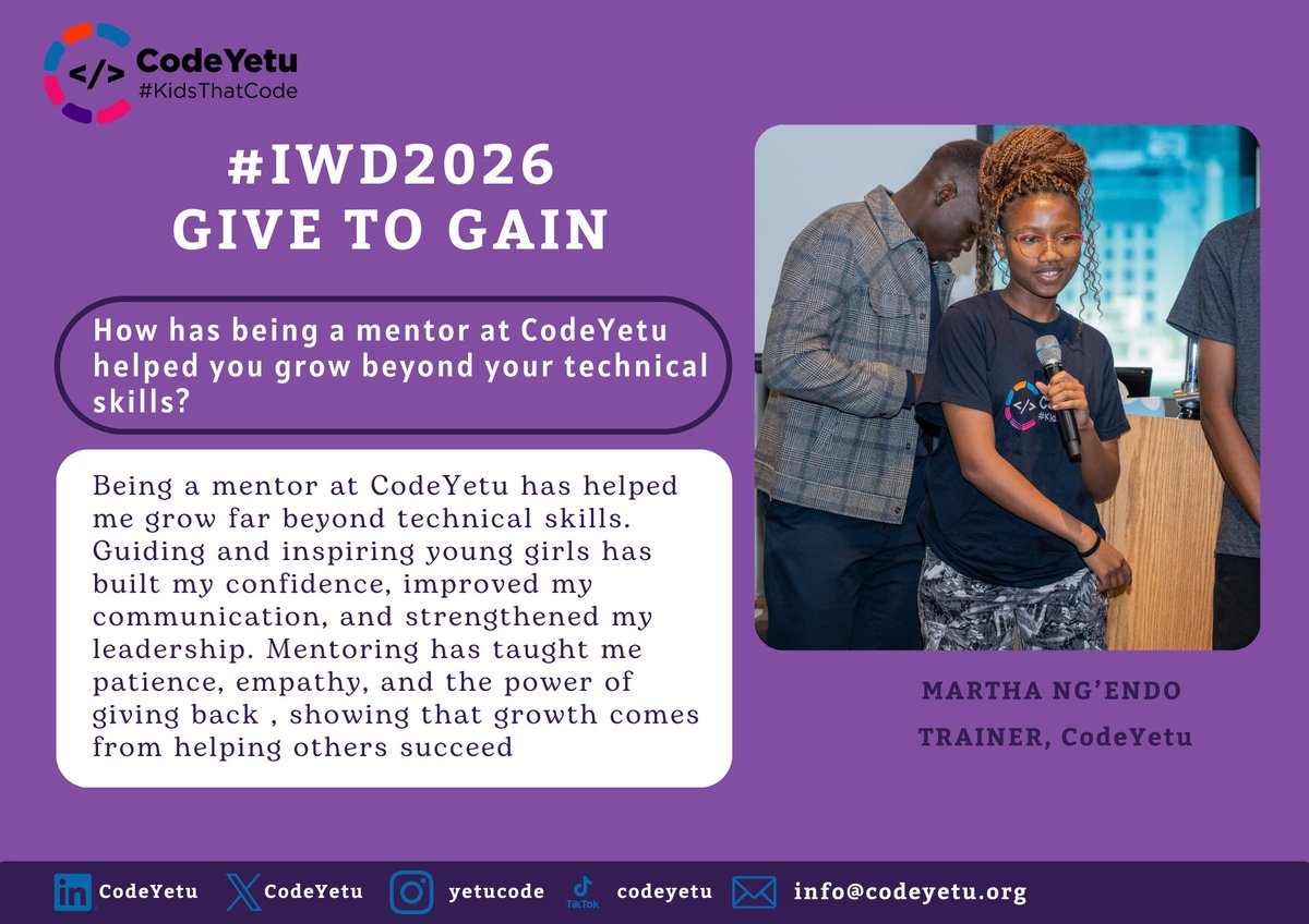 CodeYetu's tweet photo. #GiveToGain ๐
Meet Martha Ngeno a trainer who has volunteered over 120+ hours mentoring young girls, from Stara Rescue Center to our virtual classes.
For nearly a year, sheโs been giving her time to empower the next generation in tech. ๐๐ฝ
#KidsThatCode #IWD2026 https://t.co/G2KsYHoLhk