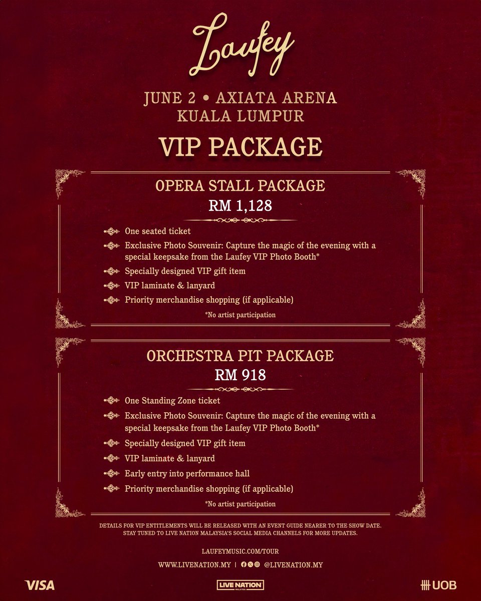 ☆.｡.:*  [TICKETING SERVICE]

𝗟𝗮𝘂𝗳𝗲𝘆: 𝗔 𝗠𝗮𝘁𝘁𝗲𝗿 𝗼𝗳 𝗧𝗶𝗺𝗲 𝗧𝗼𝘂𝗿 𝗶𝗻 𝗞𝘂𝗮𝗹𝗮 𝗟𝘂𝗺𝗽𝘂𝗿

Service charge:
🎟️ Presales: RM65/S$25 per tix
🎫 General: RM55 / S$20 per tix

🔺Presales only UOB VISA accepted. Can use our card.

#LAUFEYinKL

💌 DM to book.