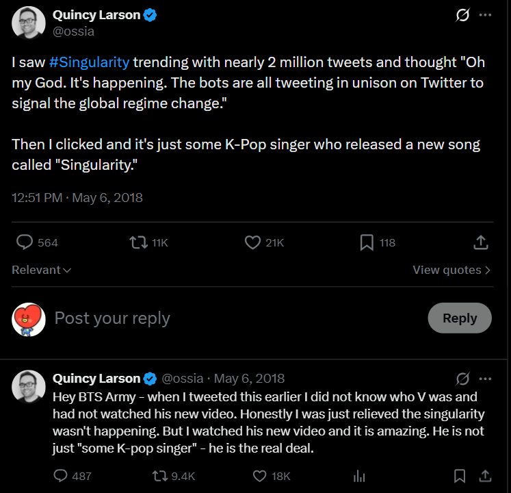 When Singularity was released it was trending with 2M tweets and it genuinely scared people!

The impact of Kim Taehyung and his fans 🔥