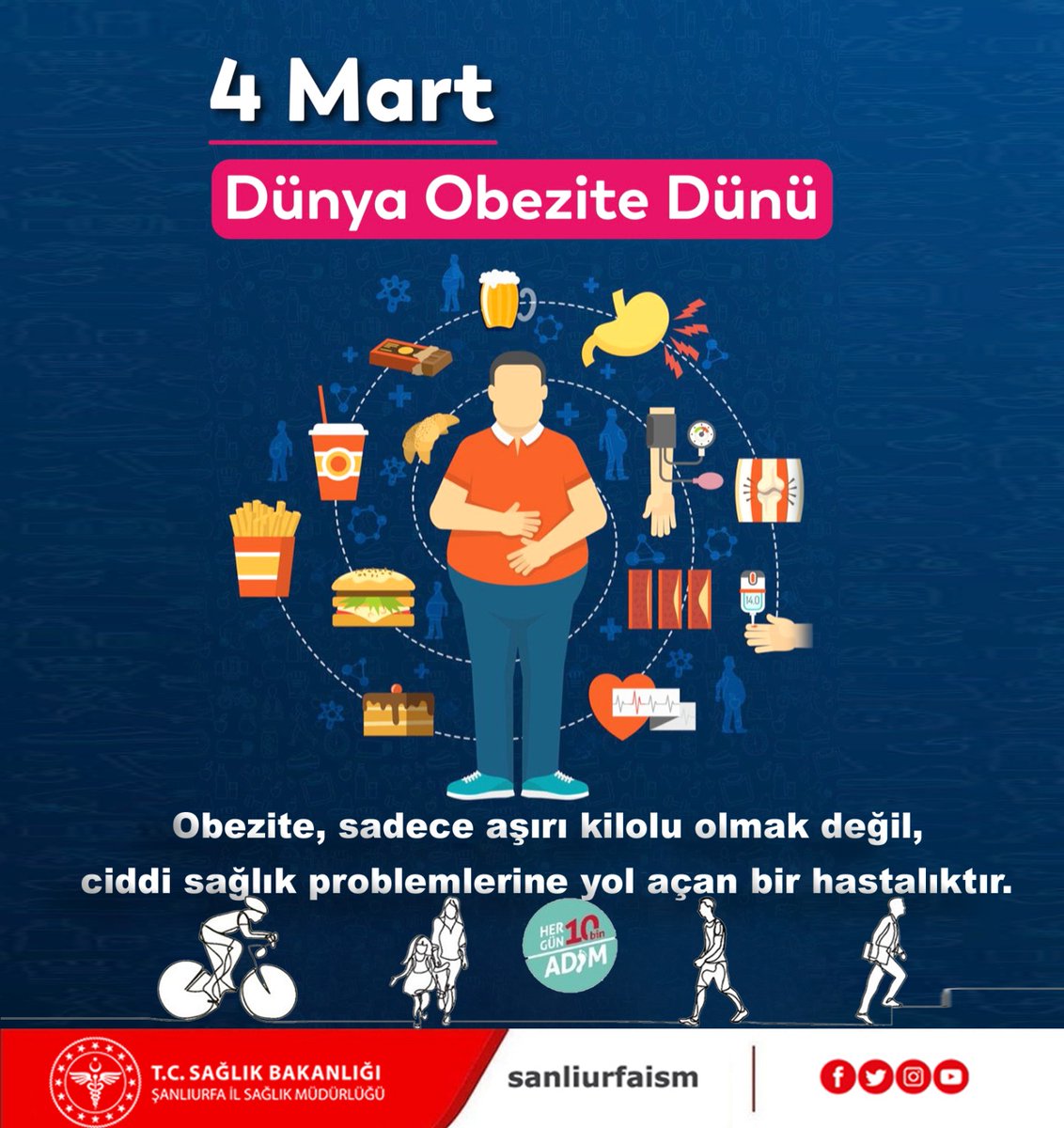 4 Mart Dünya Obezite Günü. 

Sağlıklı bir yaşam için küçük adımlar, büyük değişimler yaratır. Adımlarını sağlığın için at, geleceğine yatırım yap! Unutma; hareketli yaşam, sağlıklı yarınların anahtarıdır. 🗝️✨

#DünyaObeziteGünü 
#SağlıkİçinHareketEt #4Mart