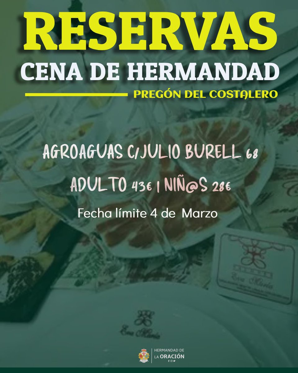 📣✨ ¡Atención!

Hoy es el último día para reservar tu plaza para la Cena del Pregón del próximo sábado. 🥂🎉

No te quedes fuera de una noche tan especial llena de buen ambiente, celebración y momentos para recordar.

📅 Reserva hoy mismo y asegura tu sitio.