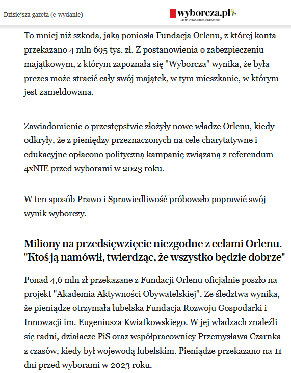 Bob57PL's tweet photo. 📛Była prezes Fundacji Orlenu zgodziła się wydać 4,6 mln zł na kampanię  propagandową PiS, którą przeprowadzali ludzie Przemysława Czarnka. 
Teraz  ma postawione zarzuty i w ramach zabezpieczenia zajęto jej cztery  nieruchomości, w tym mieszkanie, w którym jest zameldowana‼️ https://t.co/IVmI4J0NN3