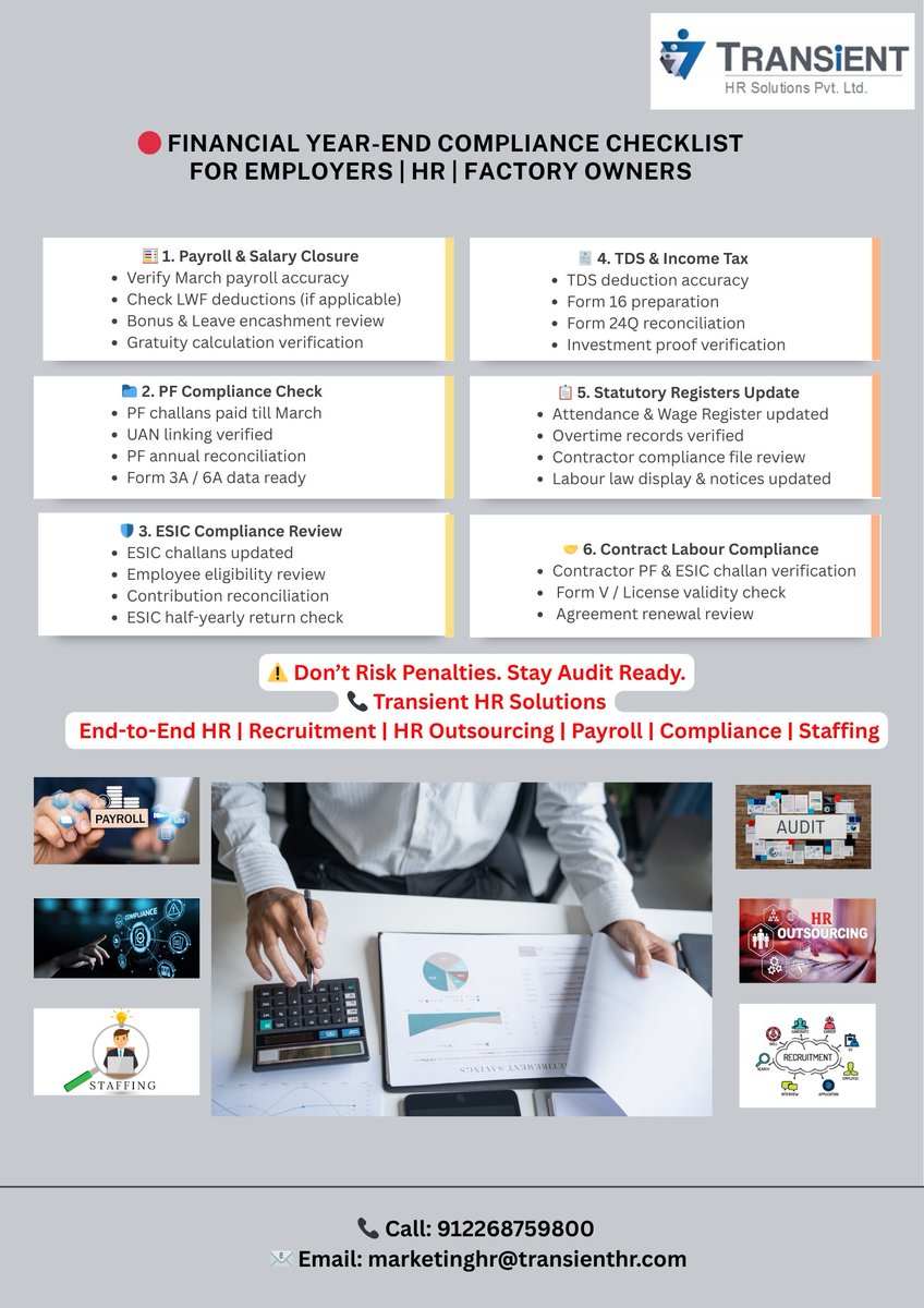 HrTransient's tweet photo. 🔴 FINANCIAL YEAR-END COMPLIANCE CHECKLIST

As the financial year closes, employers must ensure payroll accuracy, statutory compliance, and documentation readiness to avoid penalties and labour notices. https://t.co/fzPGMXFwI5
