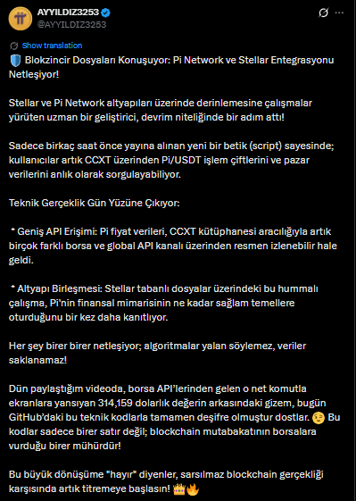 NHỮNG TIẾN BỘ TRONG VIỆC TÍCH HỢP MẠNG PI VÀ STELLAR: DỮ LIỆU GIAO DỊCH PI/USDT THEO THỜI GIAN THỰC HIỆN ĐÃ CÓ THỂ TRUY CẬP ĐƯỢC.

Một bước phát triển mới trong Pi Network cho phép dữ liệu giao dịch Pi/USDT theo thời gian thực thông qua tích hợp CCXT, làm