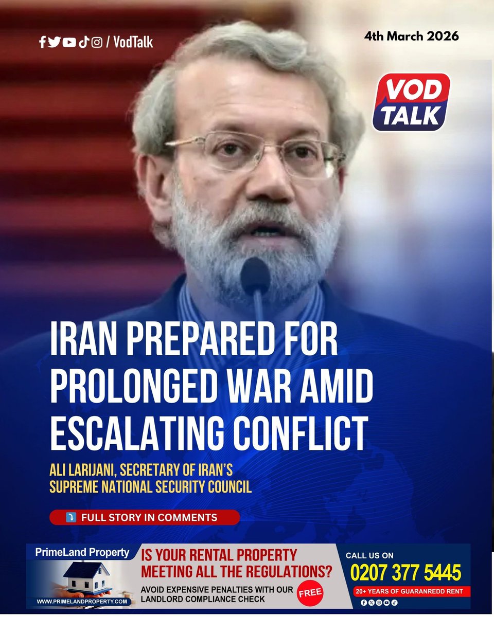 VodTalk's tweet photo. Iran is prepared for a prolonged conflict and will ensure its adversaries “regret their miscalculations”, Ali Larijani, Secretary of Iran’s Supreme National Security Council, said on Monday. https://t.co/DhyqzDqypL