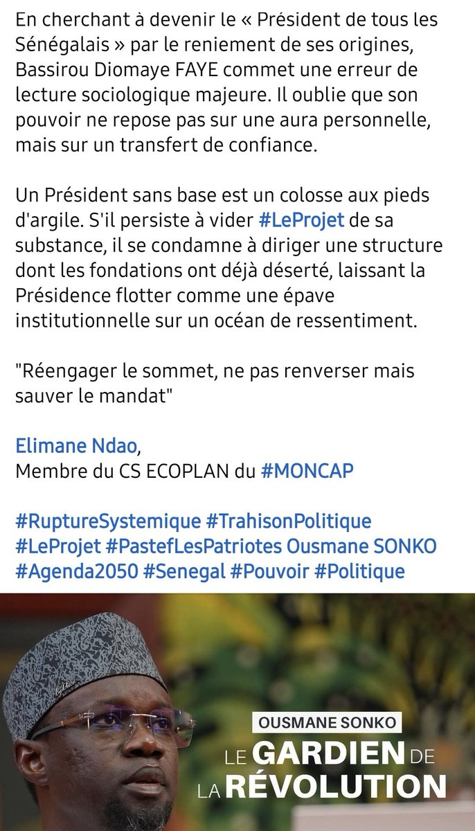 e_ndao's tweet photo. Le hold-up du Mandat : 
Anatomie d'une félonie républicaine
@e_ndao 

#RuptureSystemique #TrahisonPolitique #LeProjet #PastefLesPatriotes @SonkoOfficiel #Agenda2050 #Senegal #Pouvoir #Politique https://t.co/C1GqjR0cXv