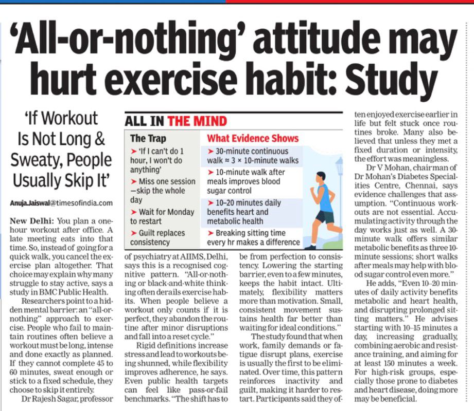 Nice article by Anuja Jaiswal in today’s Times of India highlighting an important message that even short bouts of exercise are beneficial.

One need not skip physical activity just because a full 30 - 60 minute session isn’t possible. Small, consistent efforts, even 10 to 20