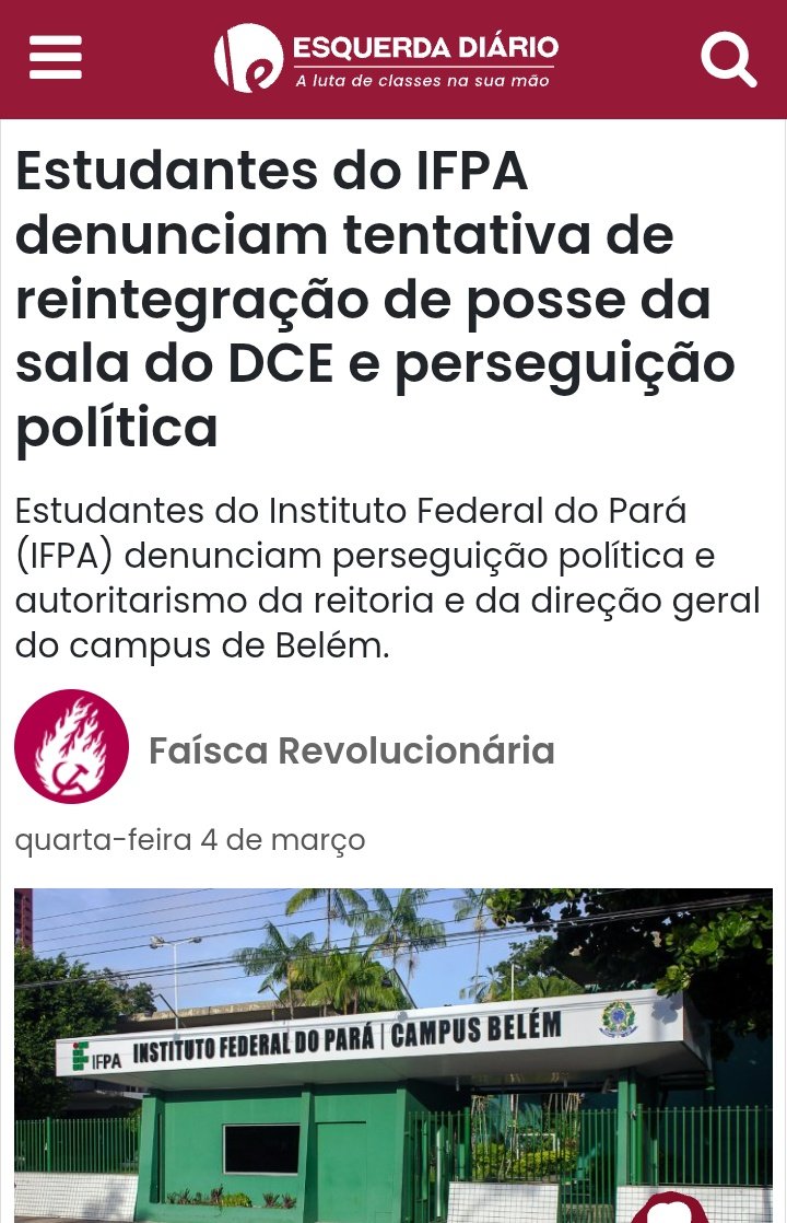 Esquerda Diário sobre o DCE IFPA e a perseguição das Reitoria e Direção de Campus de Belém:
esquerdadiario.com.br/Estudantes-do-…