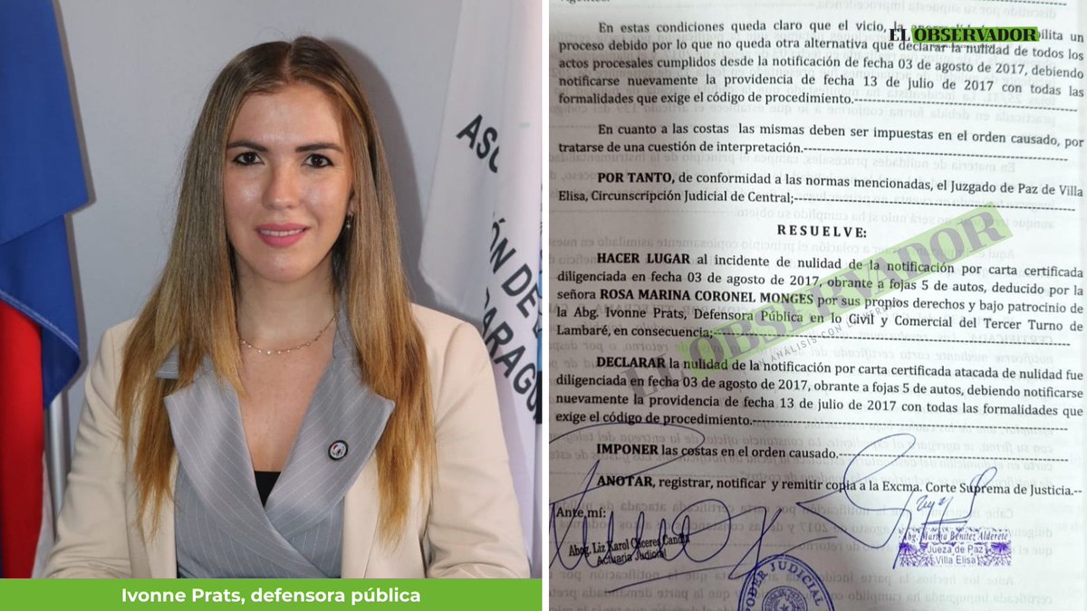 observapy's tweet photo. [EN DETALLE] 🟩 El Juzgado de Paz de Villa Elisa dictó la resolución a favor de una ciudadana jubilada y usuaria de la Defensa Pública. La defensora pública Ivonne Prats expuso una serie de irregularidades procesales que dejaron a la mujer en total estado de indefensión desde el año 2017.

NOTA: https://t.co/vrcQejMhK2