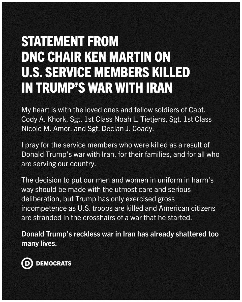 kenmartin73's tweet image. My heart is with the loved ones and fellow soldiers of Capt. Cody A. Khork, Sgt. 1st Class Noah L. Tietjens, Sgt. 1st Class Nicole M. Amor, and Sgt. Declan J. Coady.

Read my full statement: