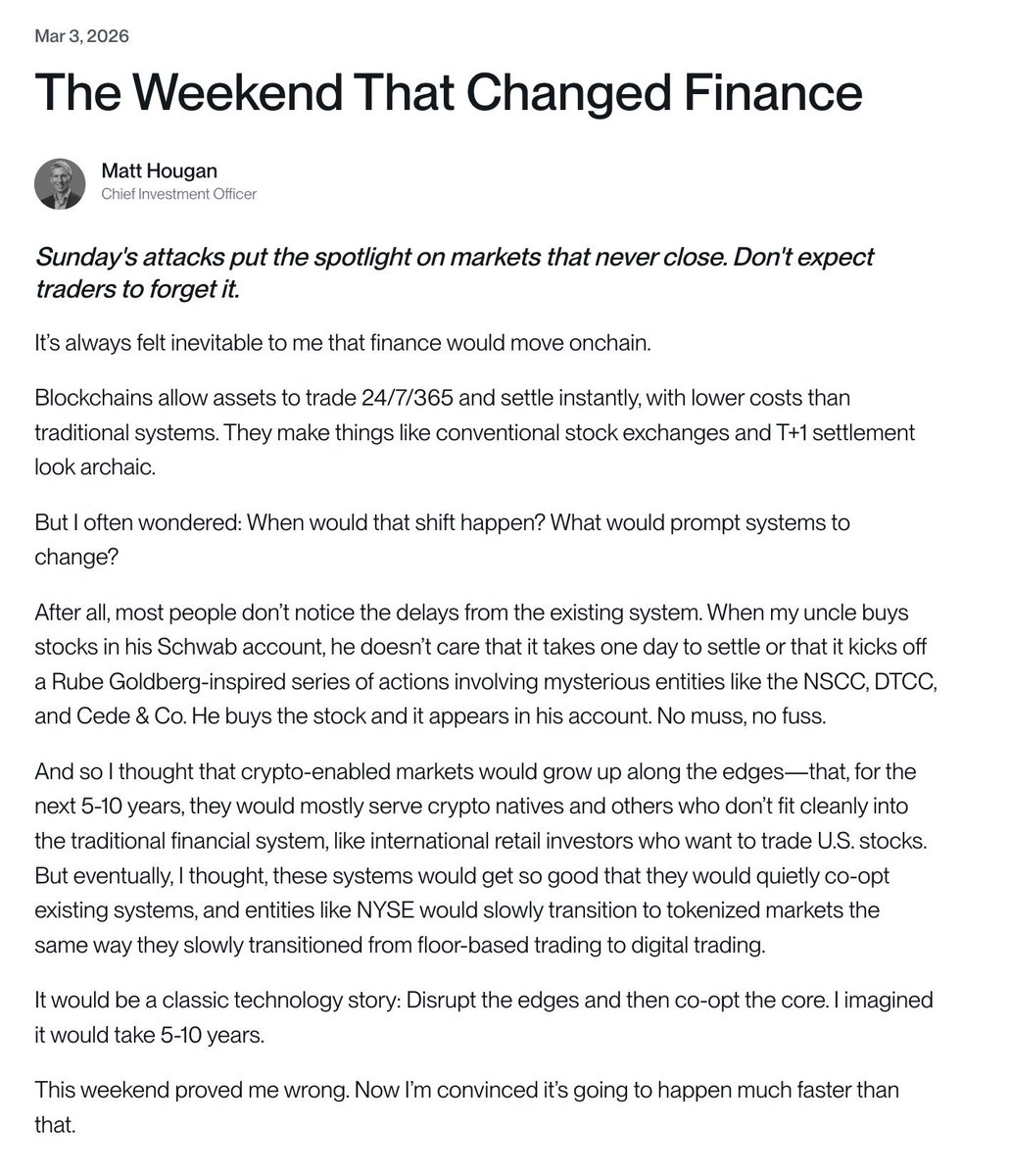 Bloomberg used Hyperliquid to price oil during the Iran attacks because it was the only thing open.

Not a futures desk. Not CME. Hyperliquid.

When institutions needed a reference price mid-crisis on a Sunday, they went where the liquidity was. That's kind of wild when you think