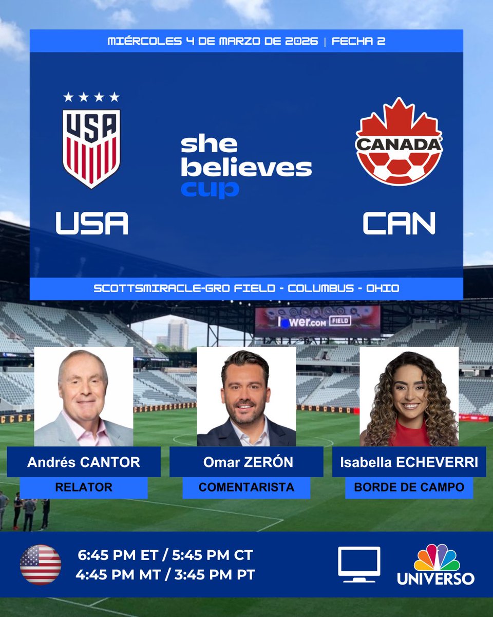 ProgramacionUS's tweet photo. ⚽️ #SheBelievesCup | #EstadosUnidos 🇺🇸 vs. #Canadá 🇨🇦
🎙️Relator: @AndresCantorGOL
🎙️Comentarista: @omarzeron
🎙️Borde de campo: @Isaeche11
📺 @NBCUniverso 🇺🇸
💻📱@peacock - @Telemundo App 🇺🇸
#️⃣ #SheBelievesCup - #USWNTtelemundo - #USACAN https://t.co/BFilBtCgv4