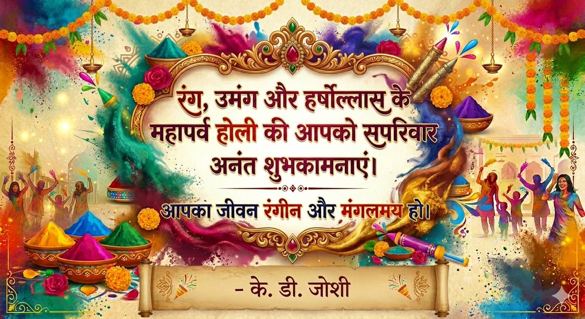 kduttjoshi's tweet photo. रंग, उमंग और हर्षोल्लास के महापर्व होली की आपको सपरिवार अनंत शुभकामनाएं। आपका जीवन रंगीन और मंगलमय हो। https://t.co/xaopVbHsZi